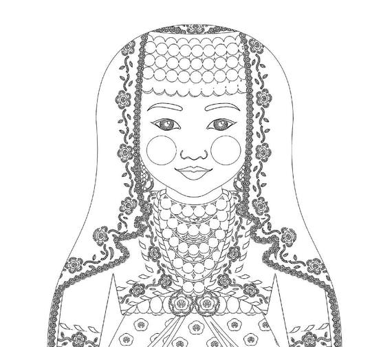 Turk Bride coloring sheet printable file, traditional folk dress, matryoshka doll