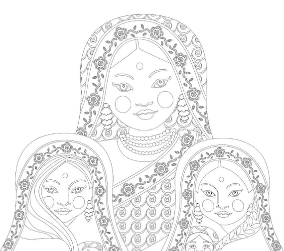 Indian Mothers and Daughters coloring sheet printable file, traditional folk dress, matryoshka doll