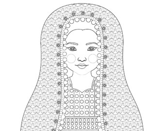 Fichier imprimable de feuille de coloriage afghane, robe folklorique traditionnelle, poupée matriochka