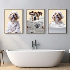 custom pet portrait, dog bathroom art, dog in toilet funny pet portrait, pet wall art, dog reading newspaper in toilet, pet owner gift.