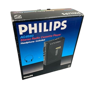 Vintage Philips AQ6593 portable AM/FM stereo cassette player introduced in 1995.