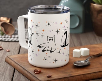 Halloween Ghost Cats Insulated Stainless Steel Coffee Mug 10oz Travel Cup With Lid