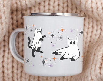 Halloween Ghost Cats Enamel Camping Mug 12oz Lightweight Stainless Steel