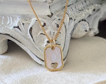 Shell pearl heart tag pendant on 14K gold filled box chain necklace; heart tag pendant; Valentine’s necklace; heart pendant jewelry