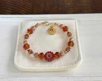 Fall, autumn colors Czech glass bead 14K gold filled bracelet with sunflower focal charm and accent charm; fall, autumn colors bracelet