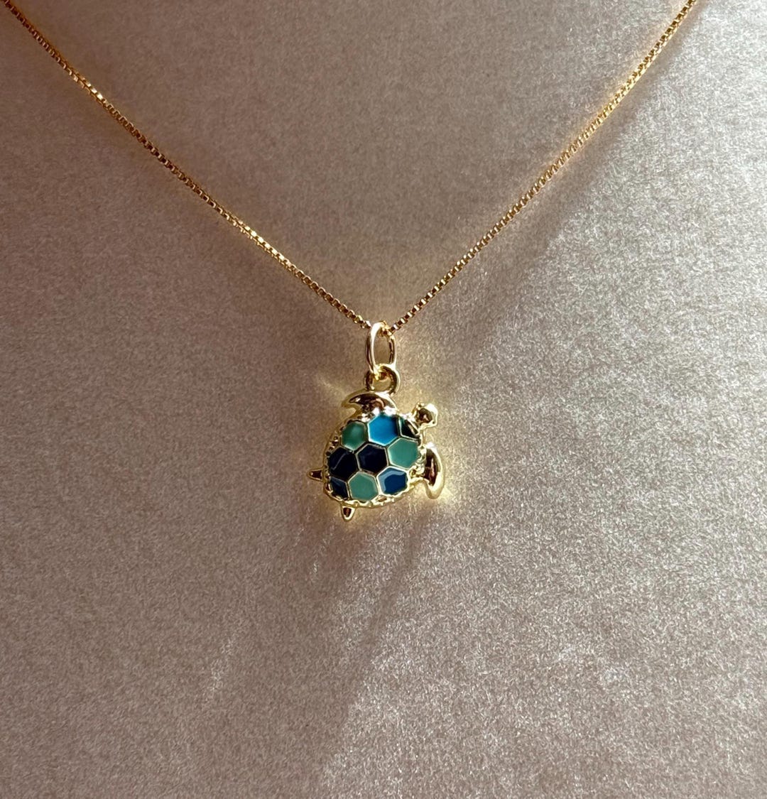 Turtle Pendant on 14K Gold Filled Box Chain; Blue and Teal Turtle ...