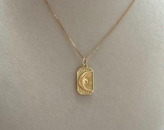 Gold crescent moon, sun pendant on 14K gold filled box chain handmade necklace; celestial, moon necklace; gold celestial box chain necklace