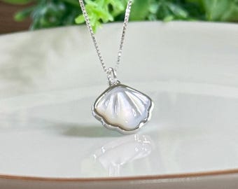 Shell pearl scallop seashell pendant on silver box chain necklace; silver seashell necklace; silver shell pearl seashell pendant