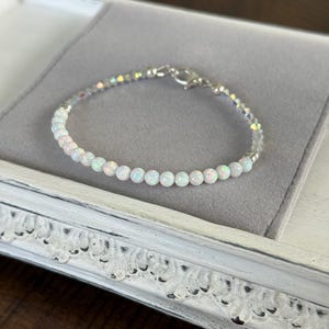 White opal and crystal AB micro Swarovski crystals 925 sterling silver handmade bracelet; pearl white lab created opal bracelet