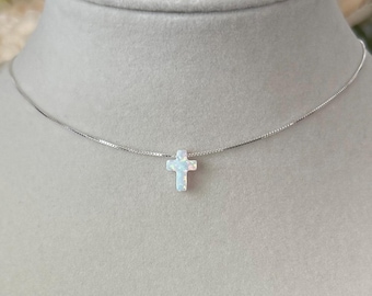 White opal cross pendant on 925 sterling silver box chain handmade necklace; dainty opal cross pendant; opal cross charm necklace