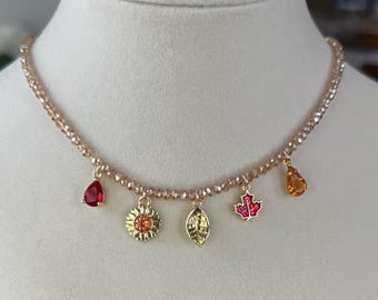 Fall, autumn theme necklace; multi charm 14K gold filled crystal beaded necklace; fall, autumn season jewelry; choker style necklace