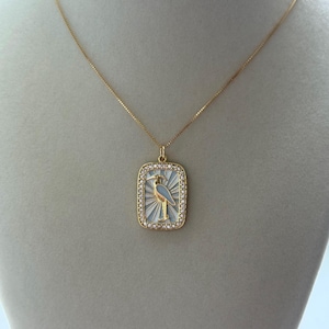 Pelican rectangular gold filled pendant on 14K gold filled box chain handmade necklace; ocean, marine nature animal necklace