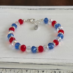 Red, white and blue rondelle glass bead .925 Sterling Silver handmade bracelet; patriotic bracelet; Memorial Day, 4th of July, Veteran’s Day