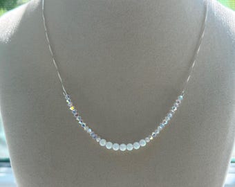 White opals and Swarovski crystals 925 sterling silver necklace; summer necklace, wedding necklace