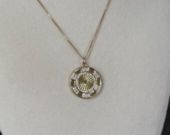 Sunburst medallion pendant on 14K gold filled box chain necklace; sun coin pendant; celestial necklace; gold sun necklace