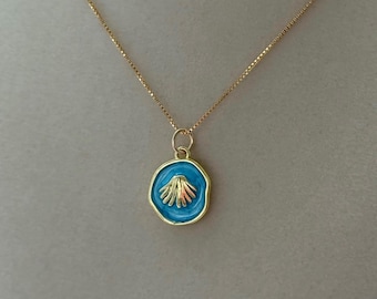 Seashell blue enamel gold pendant on 14K gold filled box chain handmade neckace; scallop seashell necklace