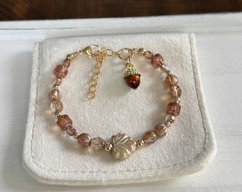 Fall, autumn Czech glass bead 14K gold filled bracelet with maple leaf focal charm and acorn accent charm; fall, autumn colors bracelet