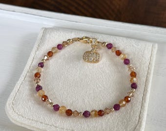 Pumpkin charm 14K gold filled bracelet with multi color gemstones and Swarovski crystals; fall, autumn gold bracelet; pumpkin, Thanksgiving