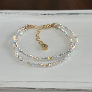 Sparkly double strand Swarovski crystal 14K gold filled adjustable bracelet; multi strand clear AB genuine crystal sparkly handmade bracelet