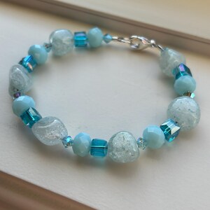 Natural Aquamarine gemstone, glass beads and genuine blue crystals .925 Sterling Silver handmade bracelet