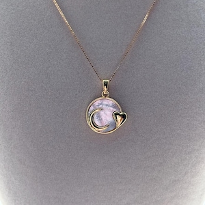 Gold moon and heart pearlescent pendant on 14K gold filled box chain handmade necklace