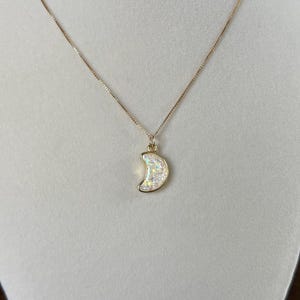 White mosaic opal crescent moon pendant on 14K gold filled box chain necklace; celestial necklace, moon necklace
