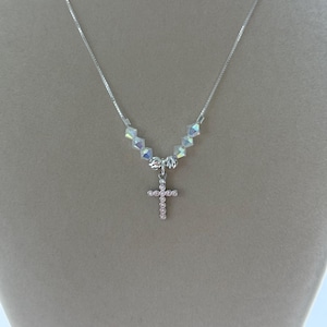 Cross pendant with crystal AB Swarovski crystals on 925 sterling silver adjustable 16-18” box chain handmade necklace