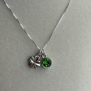 Sterling silver shamrock and green rhinestone charm necklace; multi charm handmade necklace