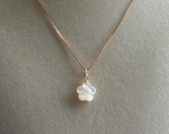 White shell hibiscus flower pendant on 14K gold filled box chain handmade necklace; hibiscus flower charm necklace; tropical necklace