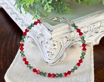 Christmas bracelet; red and green Swarovski crystal 925 sterling silver handmade bracelet; Christmas, holiday bracelet