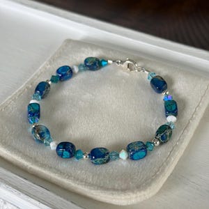 Blue Impression Jasper Gemstone and genuine Swarovski crystals .925 Sterling Silver Bracelet handmade gemstone bracelet