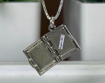 Cross book locket pendant on silver box chain or rope chain; Bible verse locket pendant handmade necklace; personalized locket