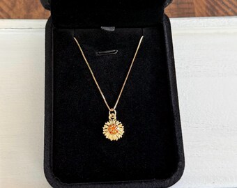Sunflower pendant on 14K gold filled box chain necklace; dainty sunflower charm necklace; fall, autumn necklace; daisy pendant