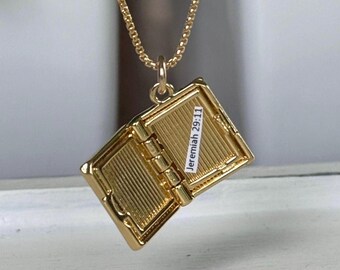 Cross book locket pendant on 14K gold filled box chain or rope chain; Bible verse locket pendant handmade necklace; personalized locket