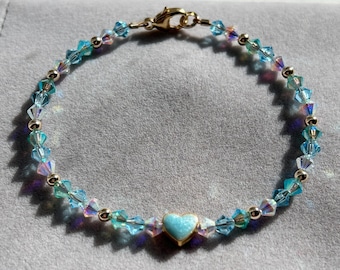 Heart charm bracelet with Swarovski crystals 14K gold filled turquoise heart charm handmade bracelet; Valentine’s bracelet
