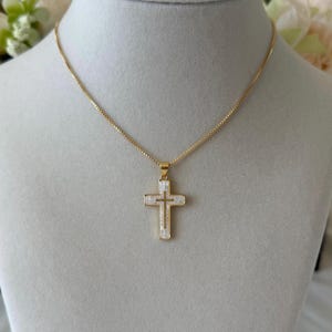 White abalone shell cross pendant on 14K gold filled chain handmade necklace; shell cross necklace, white shell cross charm; large cross