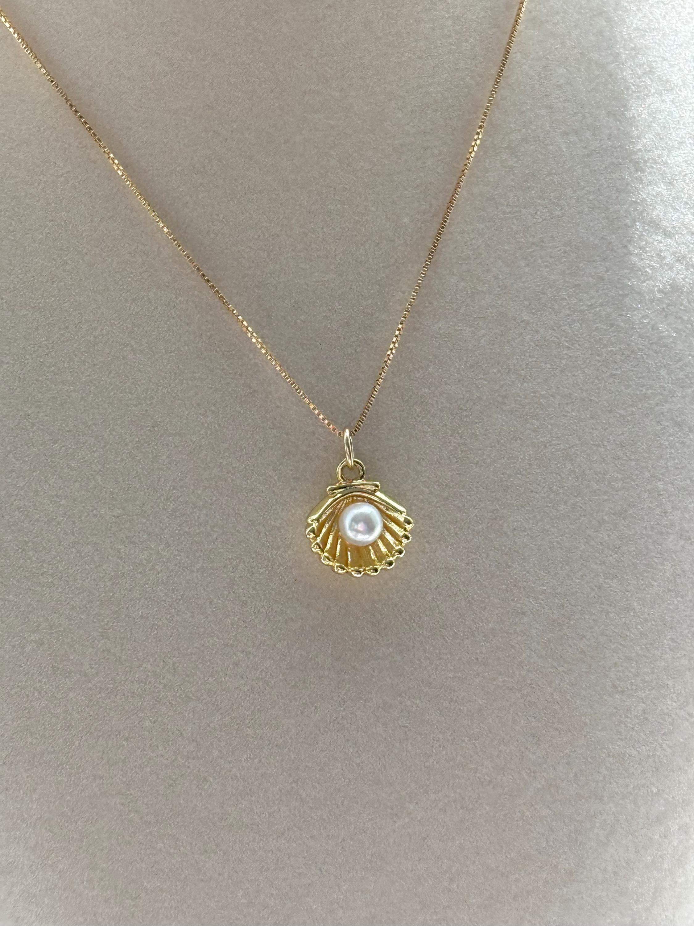 Clam shell oyster with pearl gold pendant on 14K gold filled box chain  handmade necklace; seashell necklace; scallop, clam shell
