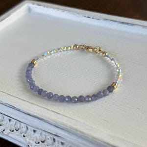 Natural Tanzanite and crystal AB micro Swarovski crystals 14K gold filled handmade bracelet; purple tanzanite gemstone bracelet