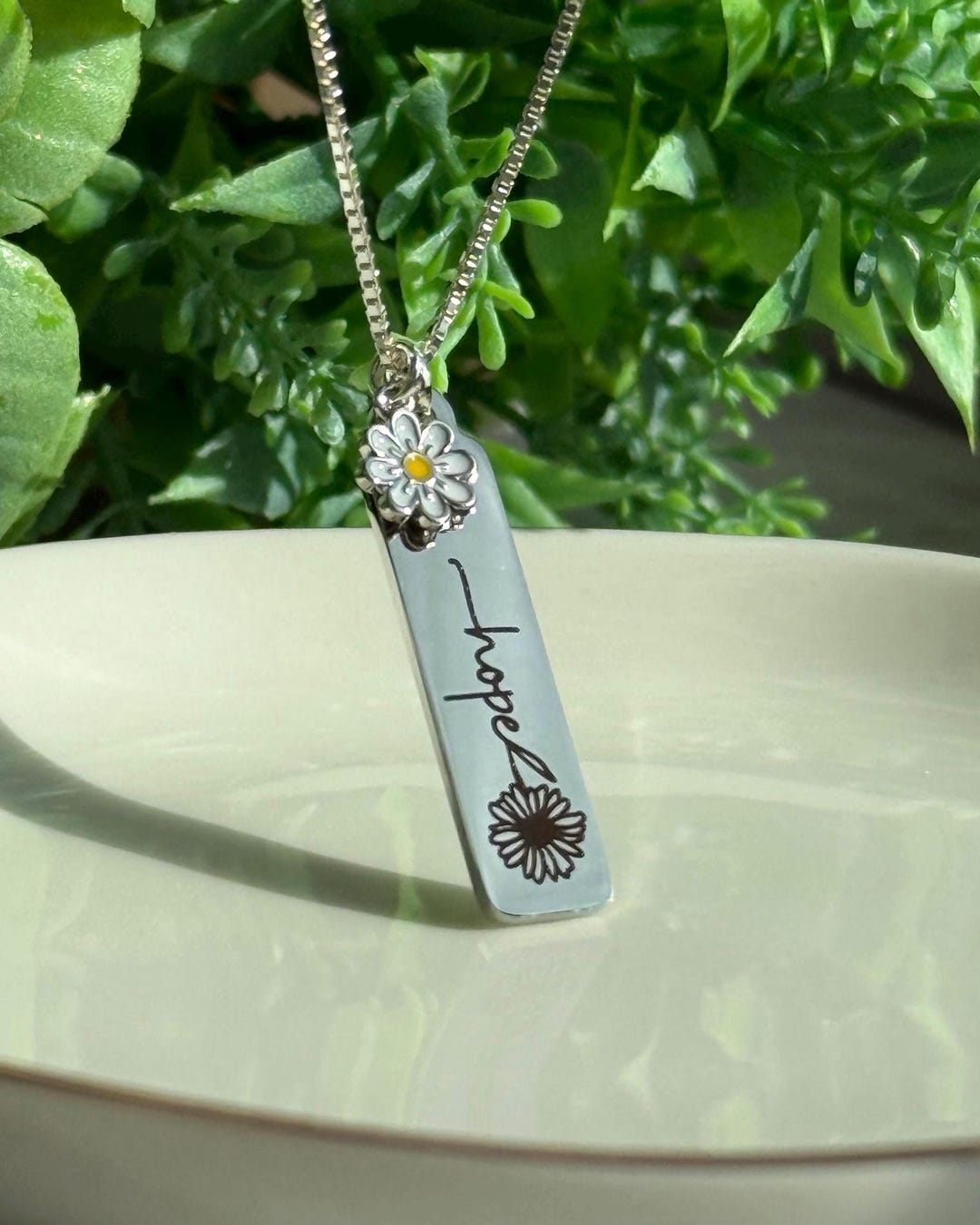 Hope Drop Pendant With Daisy Charm on Silver Box Chain Necklace; Hope ...