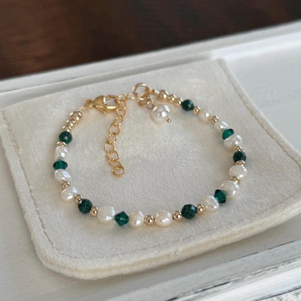 Freshwater pearl, emerald Swarovski crystals, green malachite gemstone 14K gold filled adjustable bracelet; emerald green and pearl bracelet