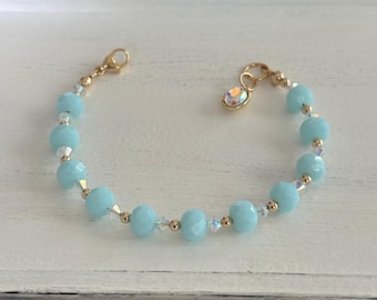 Sky blue rondelle crystal beads and Swarovski crystals 14K gold filled bracelet with Austrian crystal charm