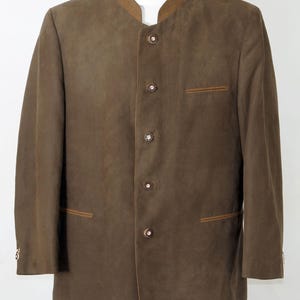 Vintage brown faux suede Tyrolean Oktoberfest Austrian jacket trench, marked size 54