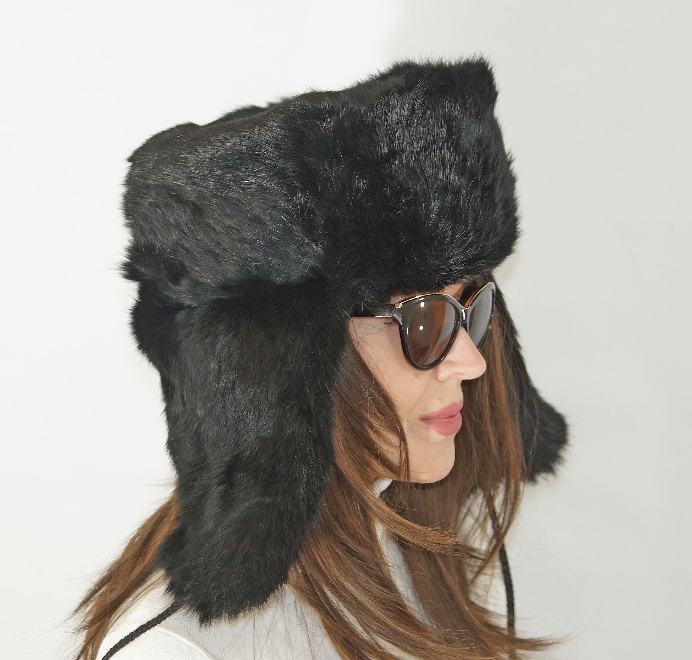 Chapka (Ouchanka) Canadienne En Nylon Noir Avec Fourrure Véritable De Renard - Taille 55 Cm (6-7/8), Faite à La Main - Style Trappeur/Chasse