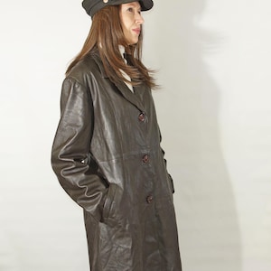 manteau vintage en cuir souple marron foncé pour femmes, trench, taille XL