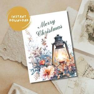 Carte de Noël numérique vintage | Lampe victorienne rétro nostalgique à l&#39;aquarelle et fleurs cottage | Carte de voeux de Noël imprimable 5 x 7
