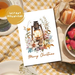 Carte de Noël numérique vintage | Lampe victorienne rétro nostalgique à l&#39;aquarelle et fleurs cottage | Carte de voeux de Noël imprimable 5 x 7
