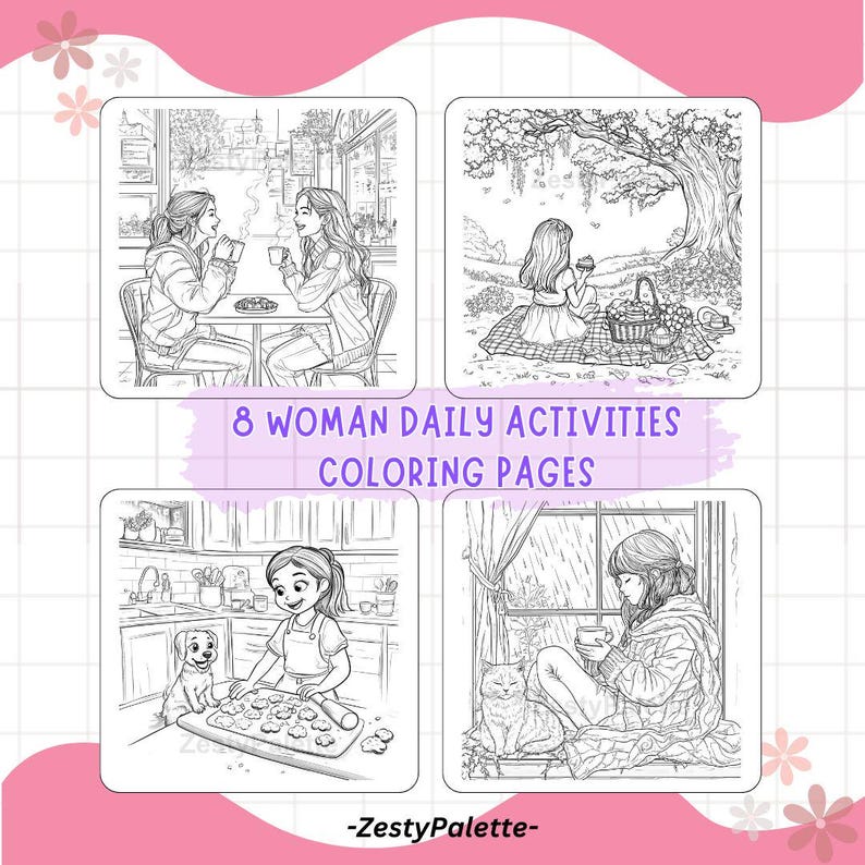 8 Coloring Pages -- Girl Moments Woman’s Daily Life Activities ...