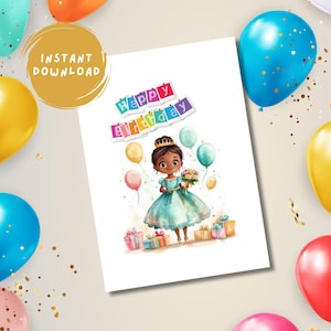 Digital Little Princess Birthday Card | Cute Ilustration Card For Girl, Daughter, Sister, Niece,  Granddaughter, Friend | Printable Card