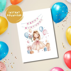 Carte d'anniversaire numérique Petite princesse | Jolie carte d'illustration pour fille, fille, soeur, nièce, petite-fille, ami | Carte imprimable