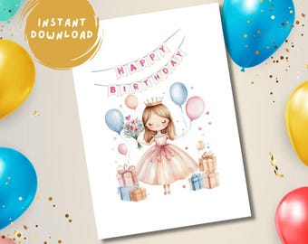 Cartão de aniversário digital de princesinha | Cartão de ilustração fofo para menina, filha, irmã, sobrinha, neta, amiga | Cartão para impressão